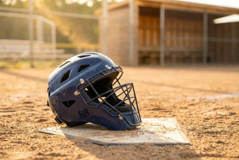 Youth catcher's helmet on home plate
