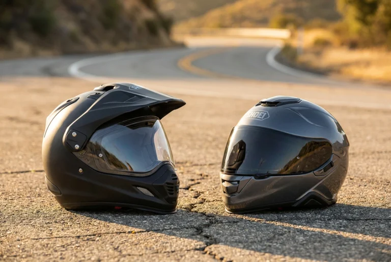 Dual-sport and full-face motorcycle helmets side by side