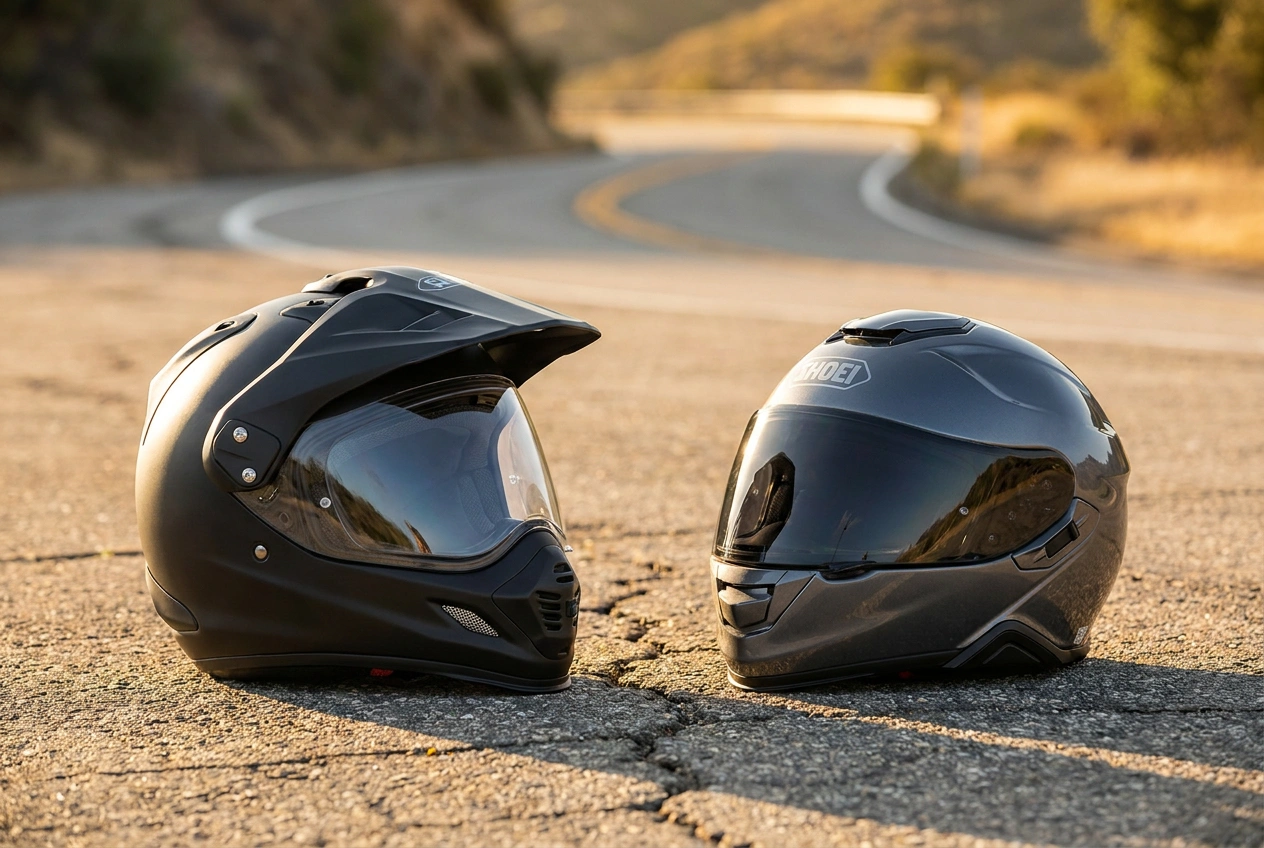 Dual-sport and full-face motorcycle helmets side by side