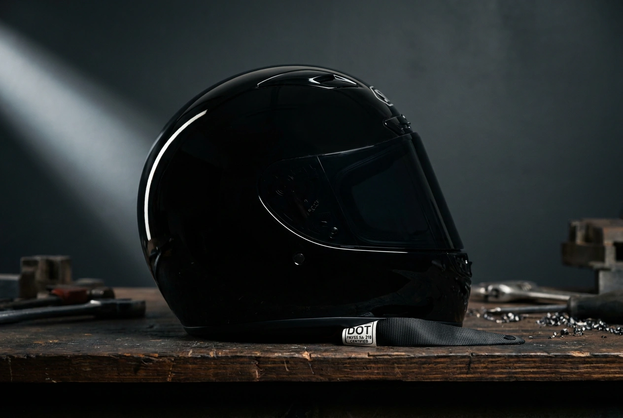 Full-face motorcycle helmet with certification label