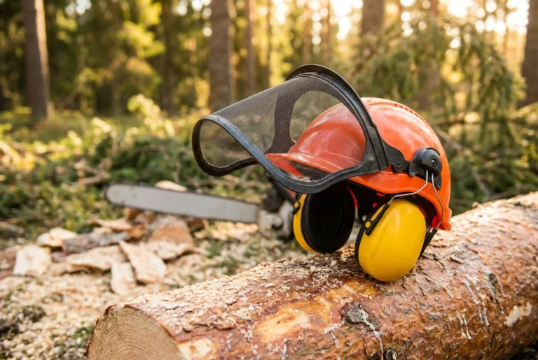 Forestry safety helmet with mesh visor and ear defenders on a cut log