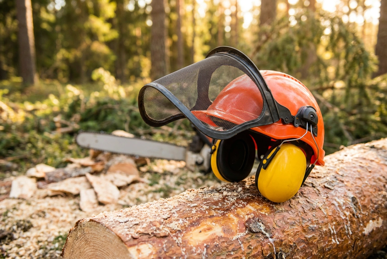 Forestry safety helmet with mesh visor and ear defenders on a cut log