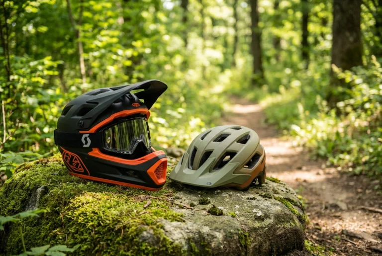 MTB full-face and half-shell helmets on a trail