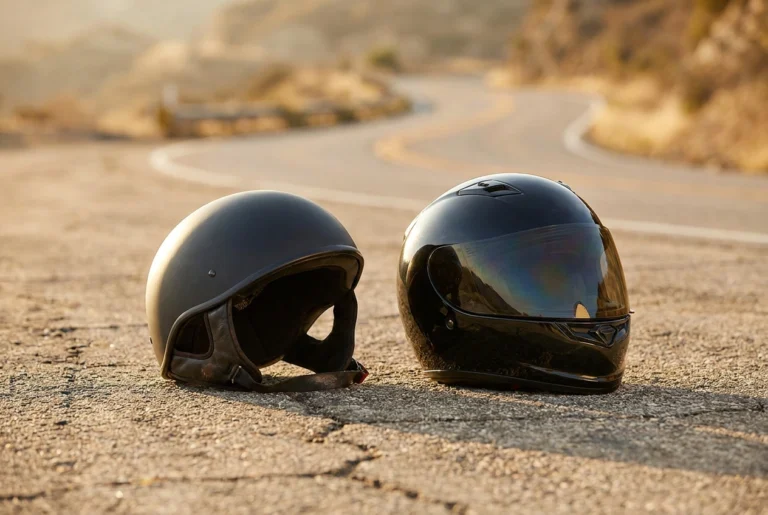Half helmet and full-face helmet side by side