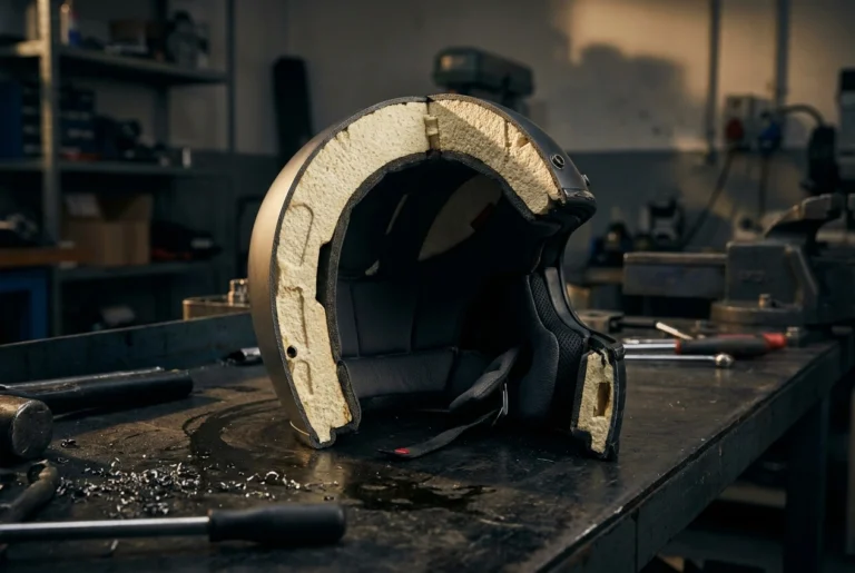Motorcycle helmet EPS foam liner cross-section showing impact protection layers