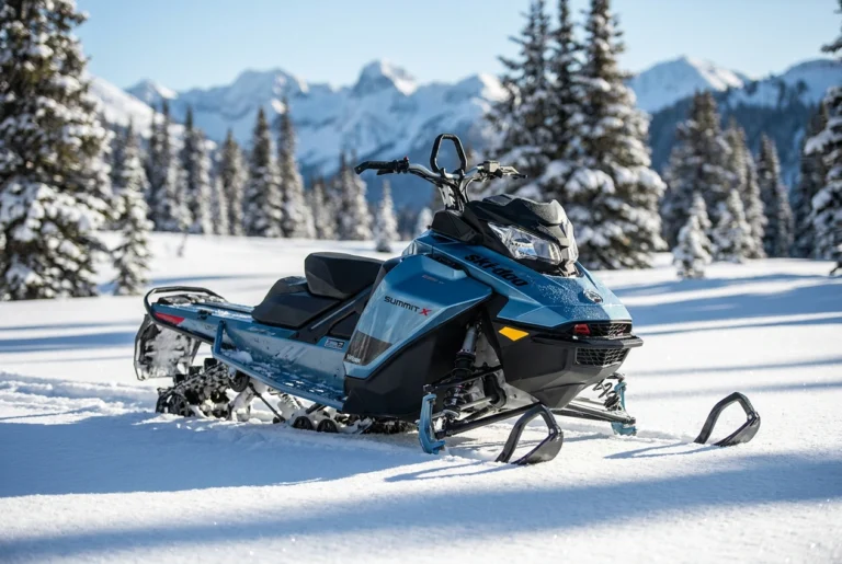 A snowmobile on fresh snow in the mountains