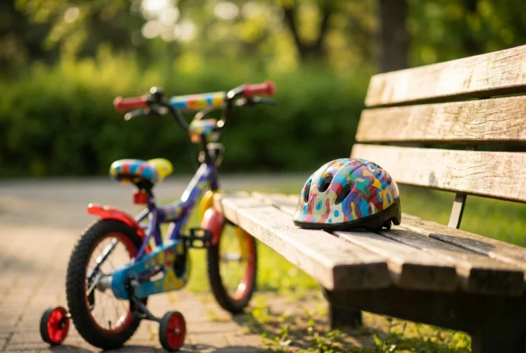 Child's bike helmet on a park bench