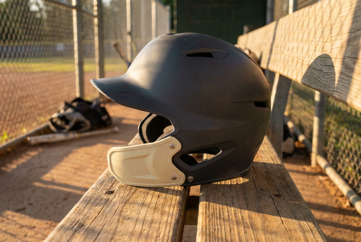 Baseball batting helmet with C-flap jaw guard installed