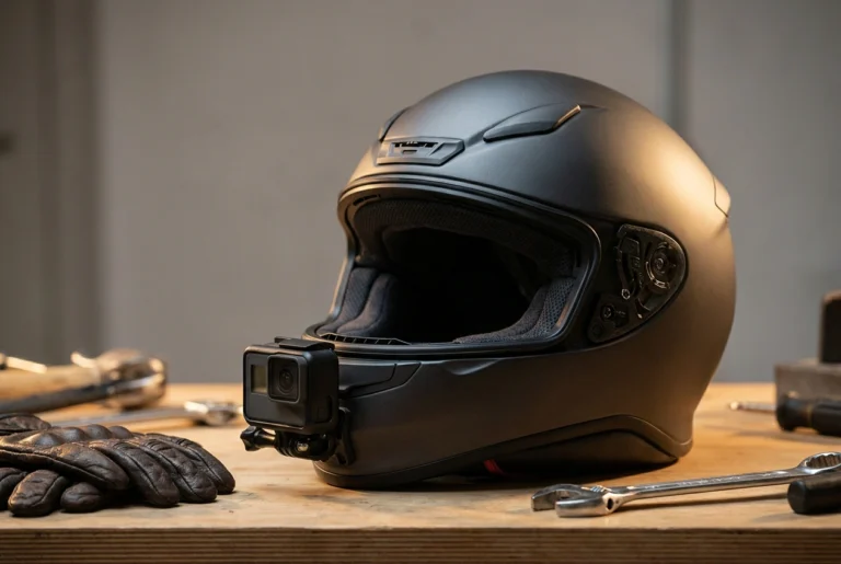 Helmet with action camera on chin mount