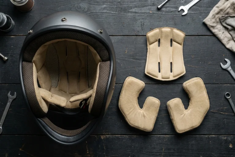 Motorcycle helmet cheek pads and interior liner removed for fitting adjustment