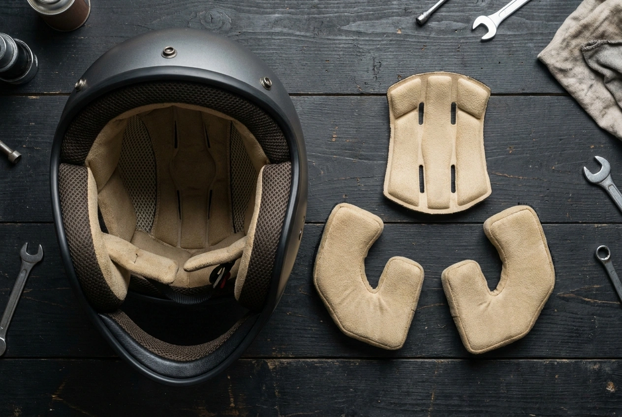 Motorcycle helmet cheek pads and interior liner removed for fitting adjustment