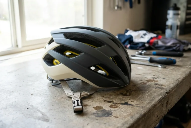 Correctly positioned bike helmet on workbench showing chin strap alignment
