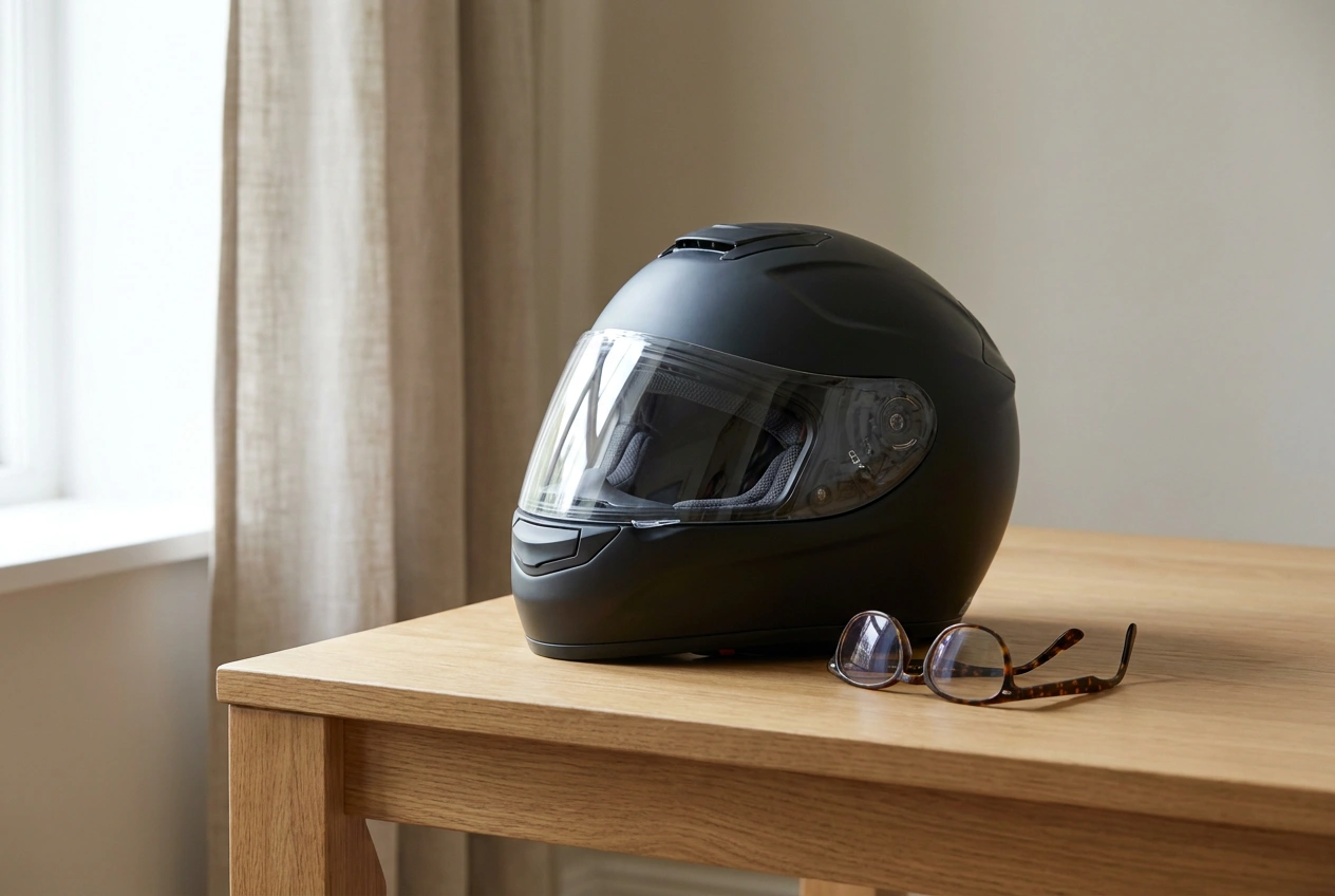 Motorcycle helmet beside eyeglasses on a table