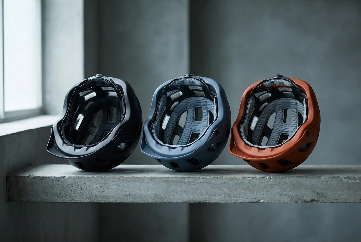 Row of modern bike helmets showing liners