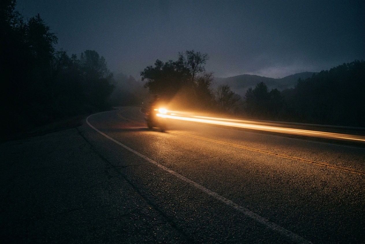 motorcycle headlight illuminating dark road at night