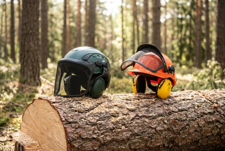Pfanner and Husqvarna forestry helmets on a log