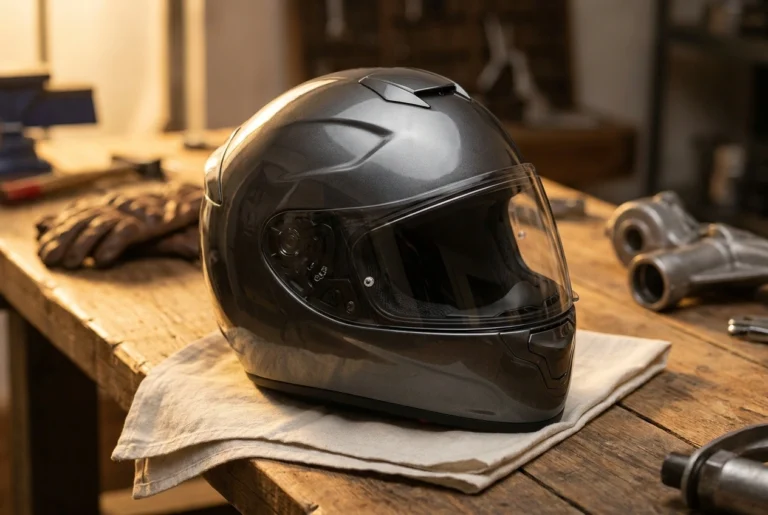 Shoei RF-1200 full-face motorcycle helmet on a workbench