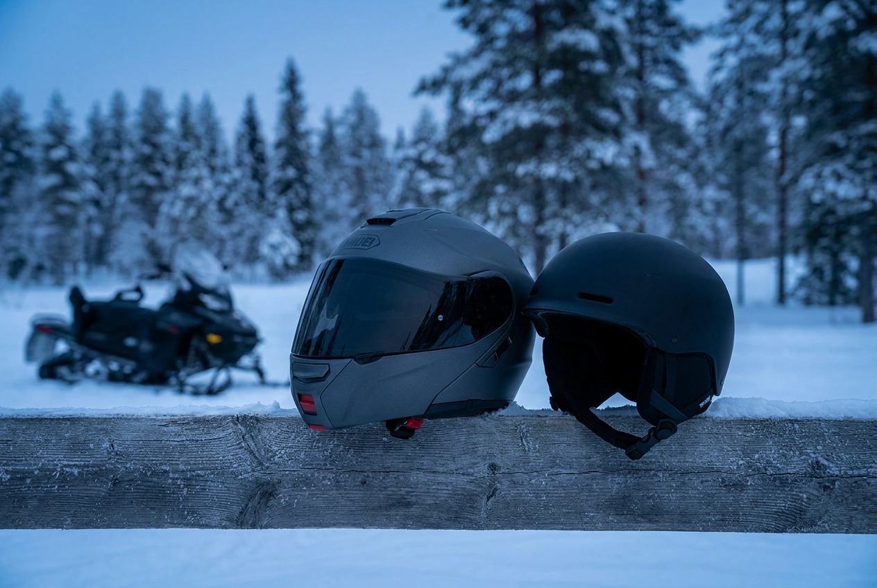 Snowmobile helmet and ski helmet side by side in winter