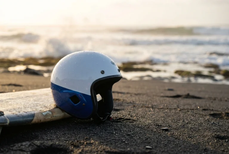 Surf helmet on wet sand beside a surfboard at a reef break
