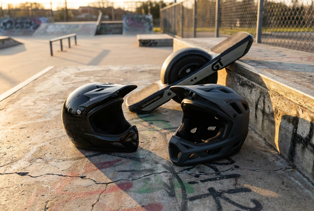 TSG and Fox full-face helmets with a onewheel