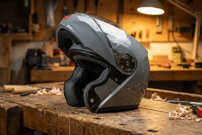 Modular motorcycle helmet chin bar flipped up showing the open face interior