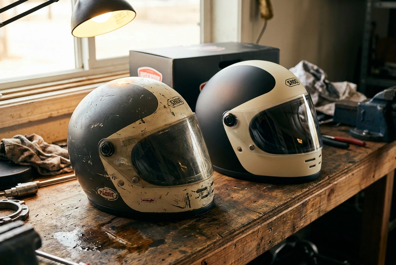 Old worn motorcycle helmet next to a new replacement helmet on a workbench