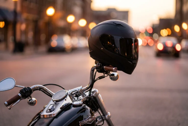 Full-face helmet on a Harley at dusk