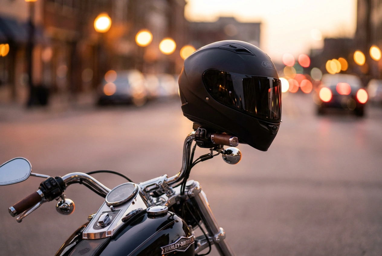 Full-face helmet on a Harley at dusk