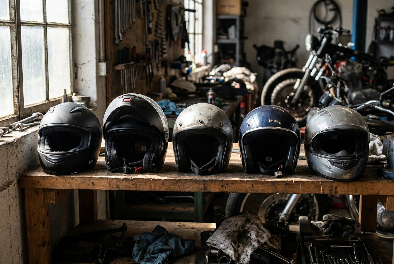 Row of large-size 3XL and 4XL motorcycle helmets on a workbench