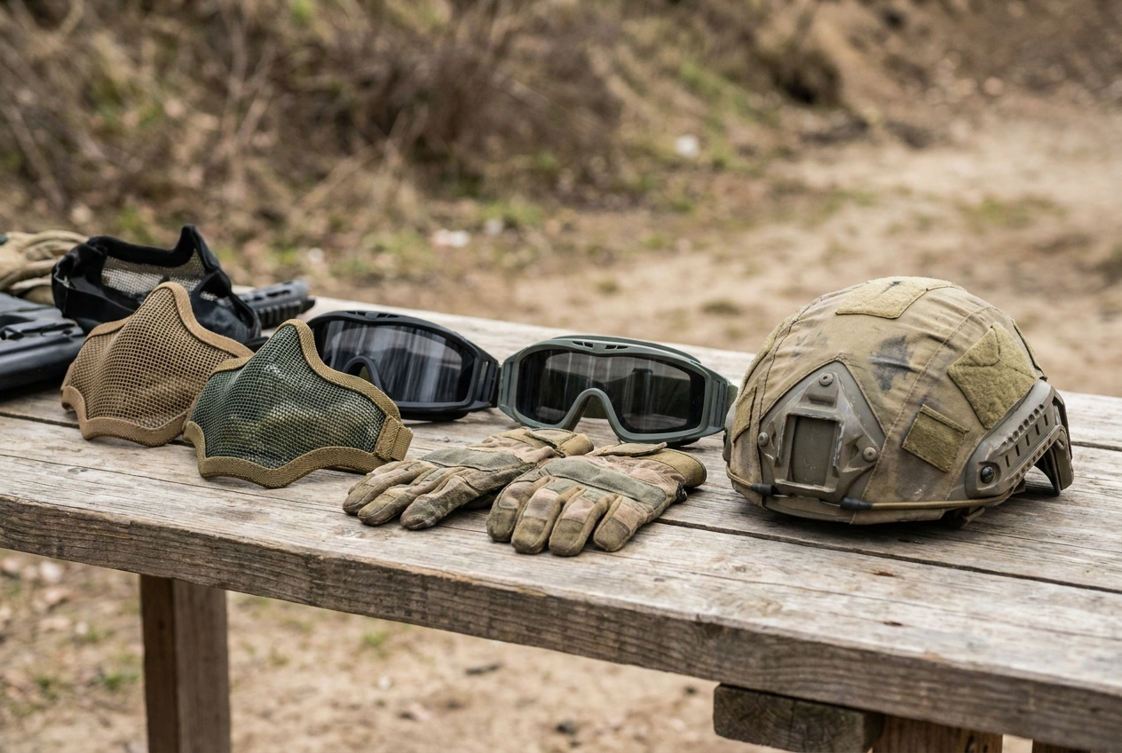 Airsoft masks and goggles laid out on a tactical gear table at an outdoor range