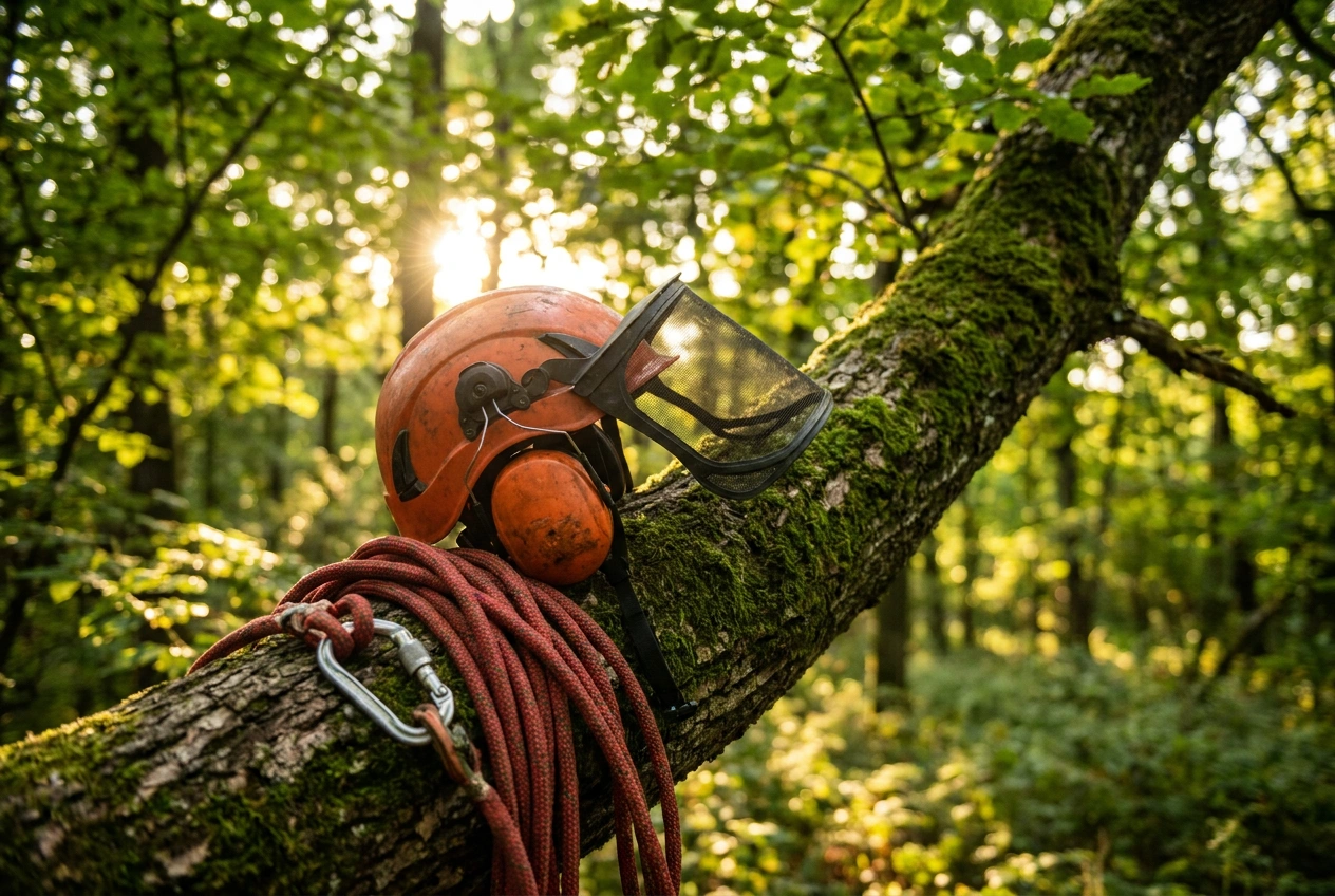 Climbing arborist safety helmet with mesh face shield and rope resting on a tree branch in a forest canopy