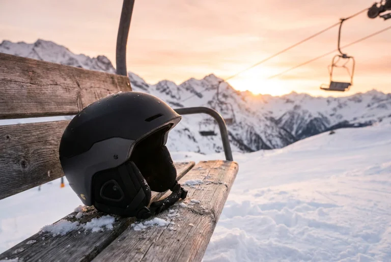 Audio ski helmet on a snowy chairlift bench at golden hour