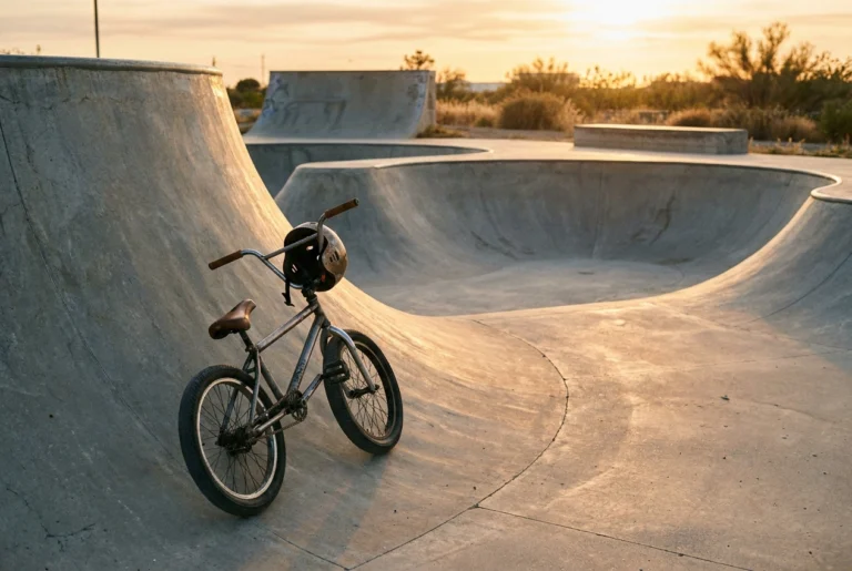 BMX helmet resting on a bike at a concrete skatepark