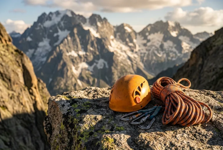 Climbing helmet resting on a rock ledge at an alpine belay station with a coiled rope