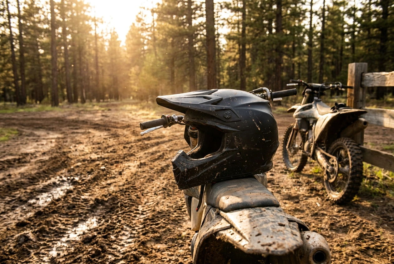 Budget DOT-certified dirt bike helmet resting on a motocross bike at a trailhead