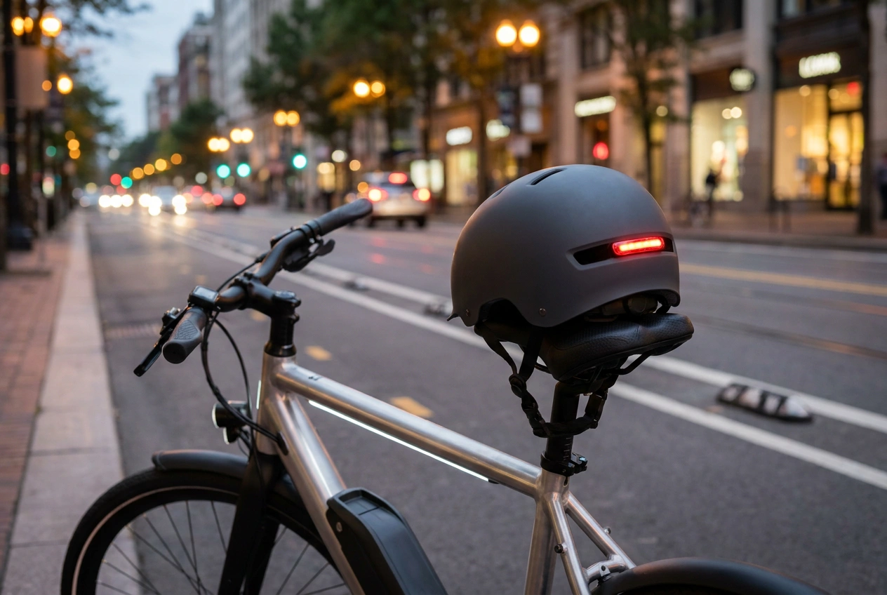 E-bike commuter helmet with integrated rear LED light on a city bike lane at dusk