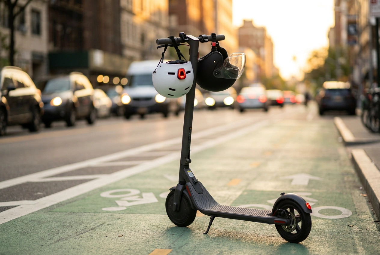 Electric scooter with NTA 8776 certified helmets on an urban bike lane