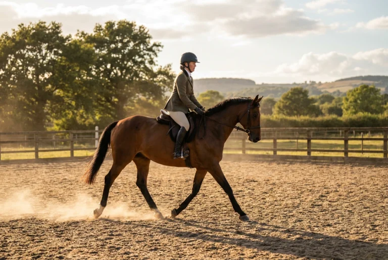 Rider wearing an equestrian riding helmet on horseback in an outdoor arena