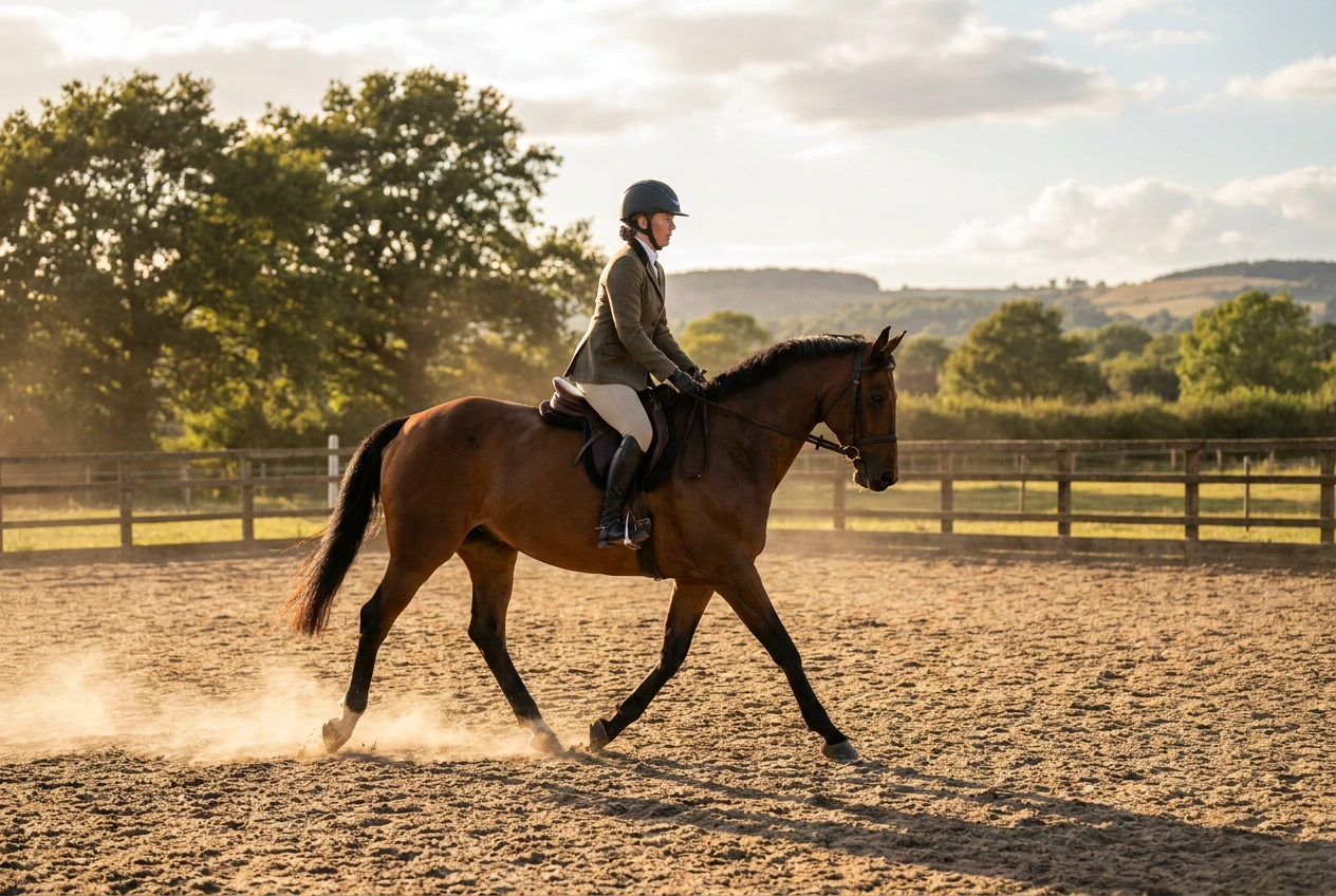 Rider wearing an equestrian riding helmet on horseback in an outdoor arena