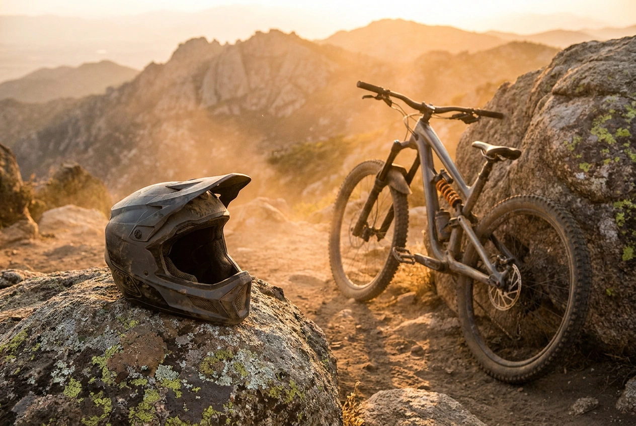 Full-face MTB helmet for downhill and enduro riding on a mountain trail