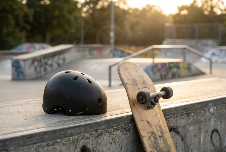 Dual-certified skate and bike helmet resting on a concrete skatepark ledge