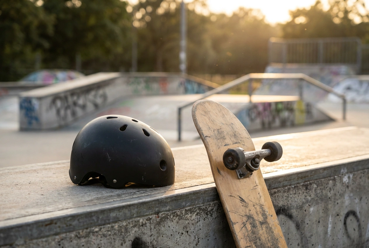 Dual-certified skate and bike helmet resting on a concrete skatepark ledge