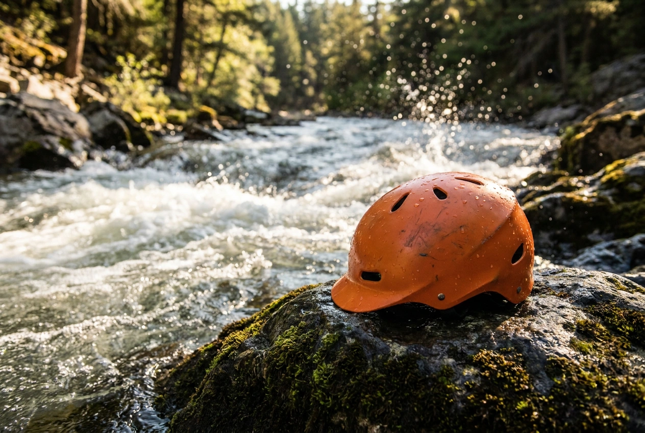 Kayak helmet resting on a wet river rock beside whitewater rapids