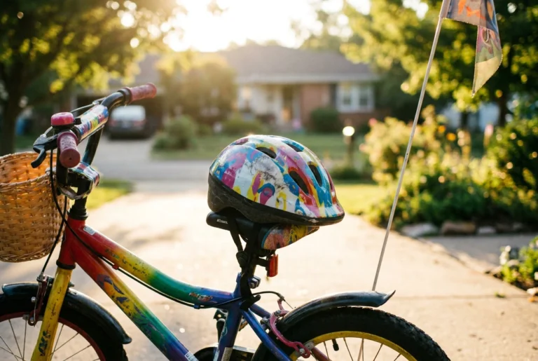 Kids bike helmet resting on a bicycle seat in a driveway, safety gear for young cyclists