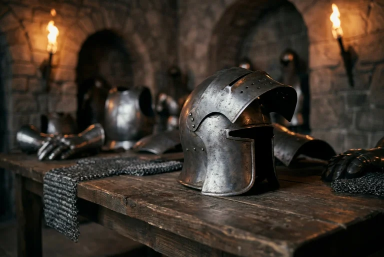 Steel medieval barbute knight helmet resting on a wooden table in a castle armory
