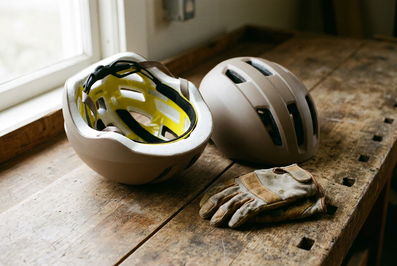 Two unbranded bicycle helmets on a workbench, one tipped to show the yellow rotational liner inside