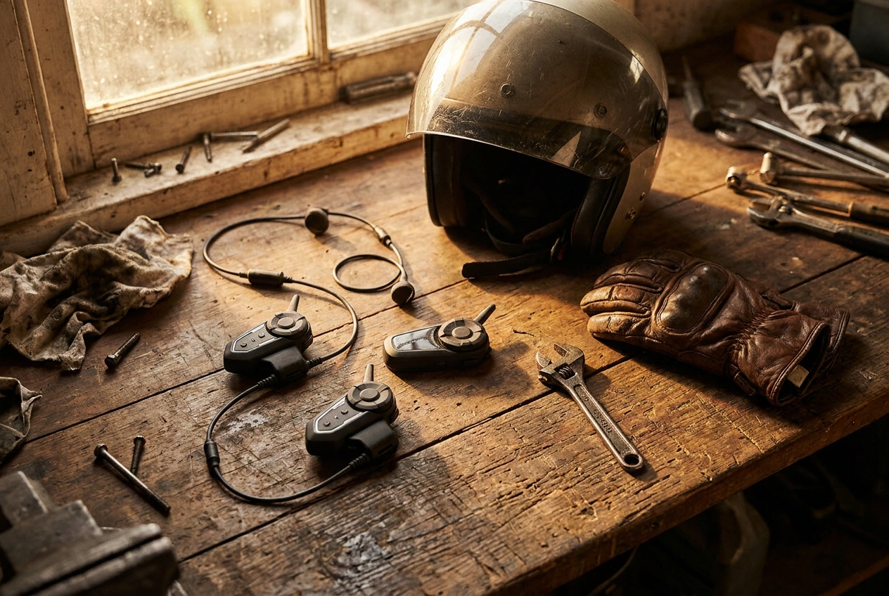 Motorcycle Bluetooth intercom headsets laid out on a workbench with a helmet and riding glove