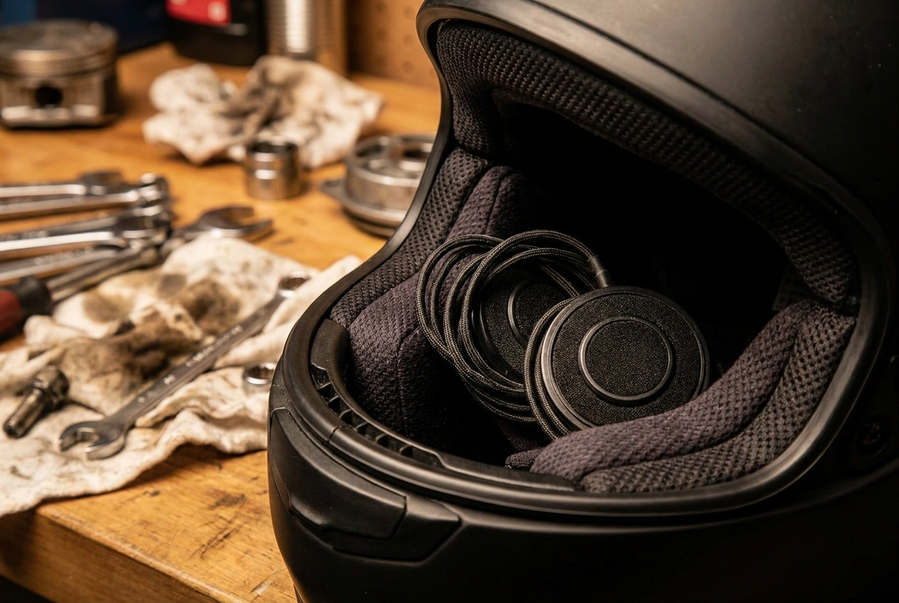 Motorcycle helmet drop-in speakers resting in a helmet ear pocket