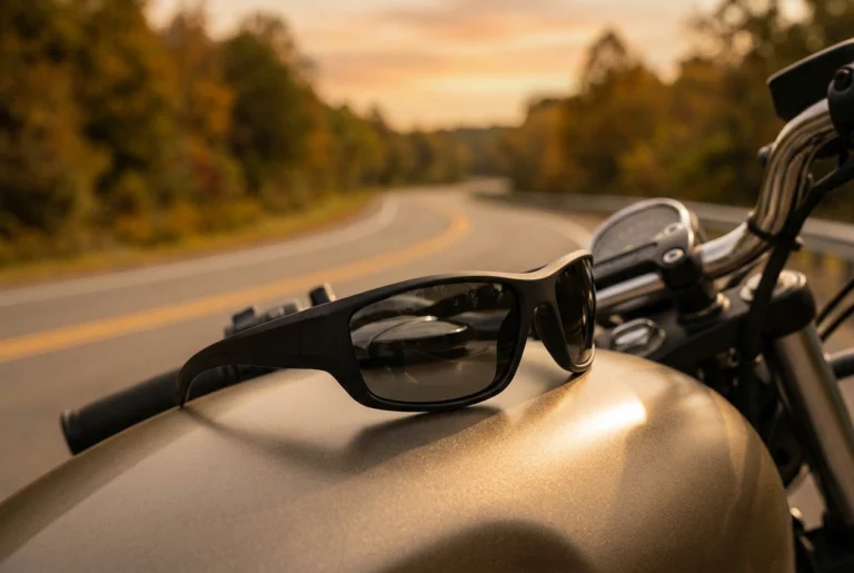 Oakley wraparound sunglasses resting on a motorcycle fuel tank at golden hour