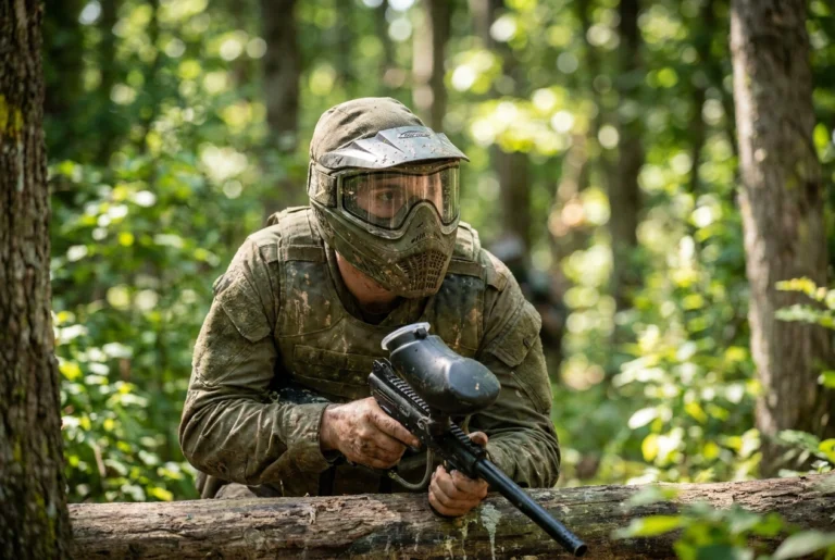 Player wearing a full-coverage thermal-lens paintball mask on an outdoor field